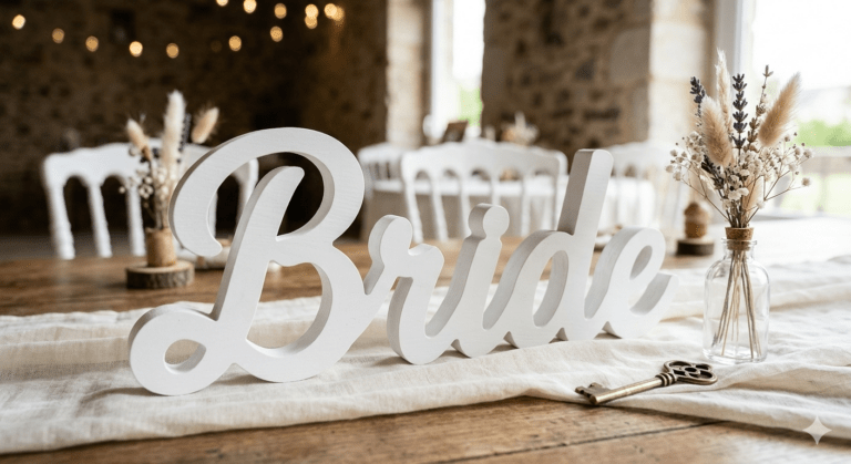 Texte décoratif Bride en bois blanc pour mariage, accessoire photo mariée et décoration de table à Rennes.
