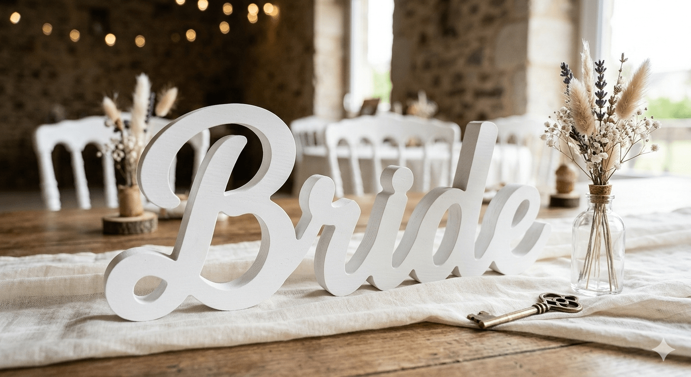 Texte décoratif Bride en bois blanc pour mariage, accessoire photo mariée et décoration de table à Rennes.