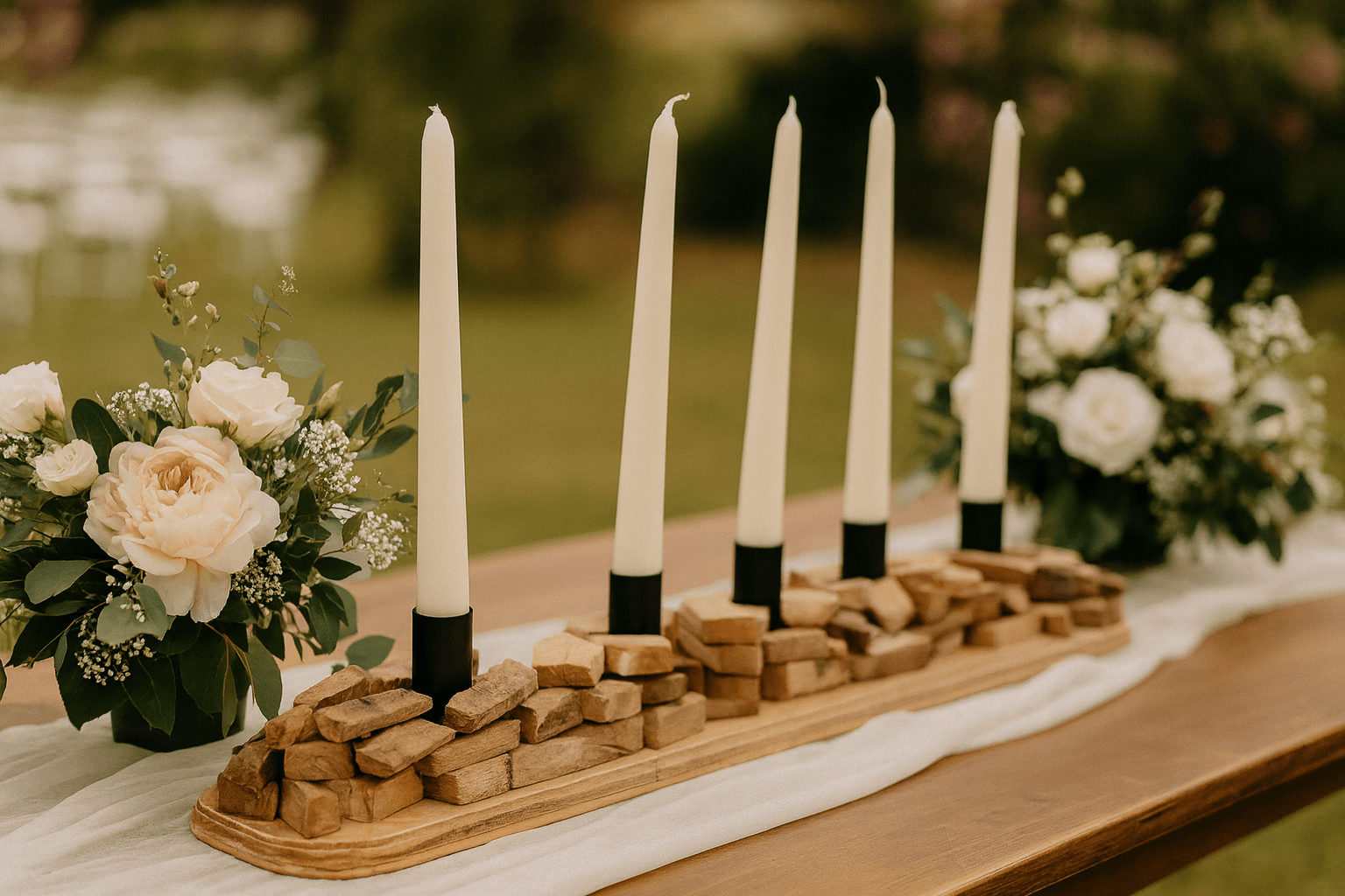 centre de table balmi noir et bois pour mariage
