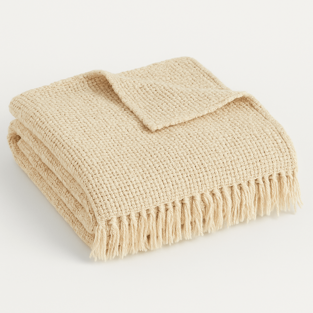 Plaid beige à franges style macramé pour décoration de mariage bohème Esprit Fête