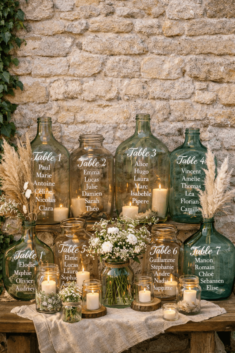 Plan de table mariage sur dames-jeanne et bocaux en verre avec calligraphie blanche style bohème